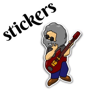 May include: A sticker featuring a cartoon character with gray hair, sunglasses, and a beard, playing a red guitar. The word "stickers" is written in black, cursive font.