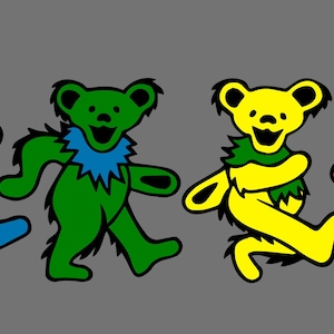 May include: A graphic illustration featuring four stylized dancing bears arranged in a horizontal row. The bears are colored blue, green, yellow, and orange, each with a contrasting neck ruff and black outlines, set against a solid gray background.