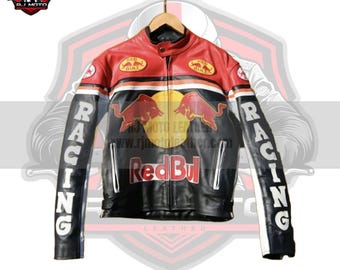 Chaqueta de cuero inspirada en las carreras de Red Bull: estilo motero de F1 de los 90, regalos para moteros.