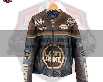 Vintage Inspired Lucky Strike Leather Motorcycle Jacket | Handmade RJ Moto Racing Style - Biker Gifts