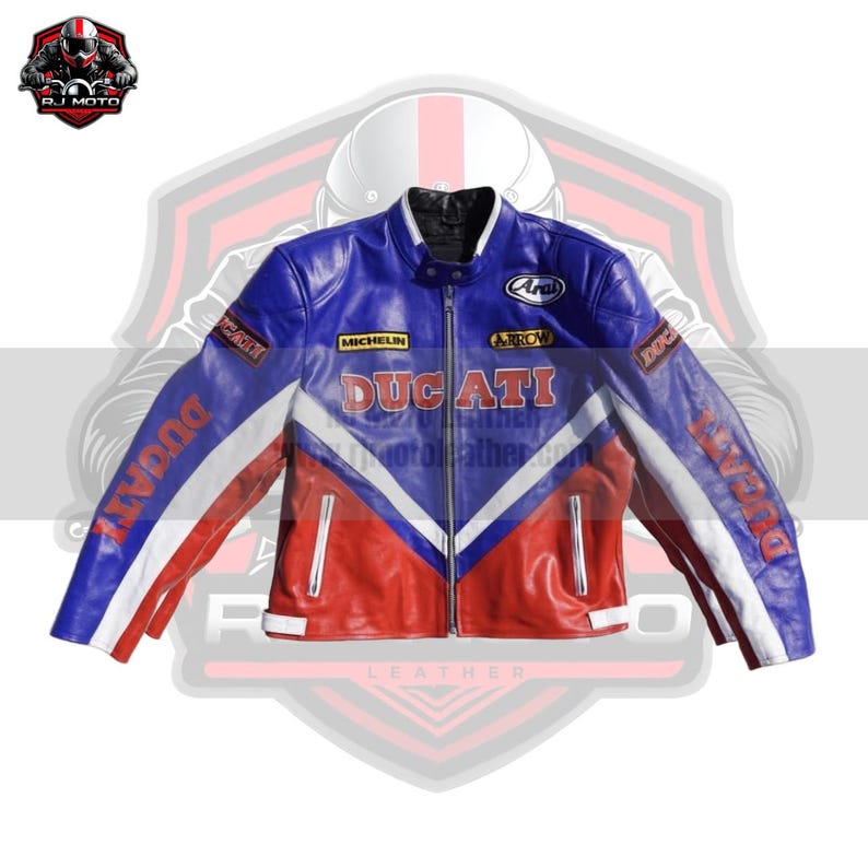 May include: A blue, red, and white leather motorcycle jacket with the word "Ducati" prominently displayed. The jacket features a zip-up front, a stand-up collar, and patches with brand names. The sleeves have the word "Ducati" printed on them.