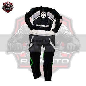 May include: Black and white Kawasaki motorcycle racing suit with green accents. The suit features the Kawasaki logo and a stylized design on the chest and shoulders. The suit is made of leather and includes protective padding.