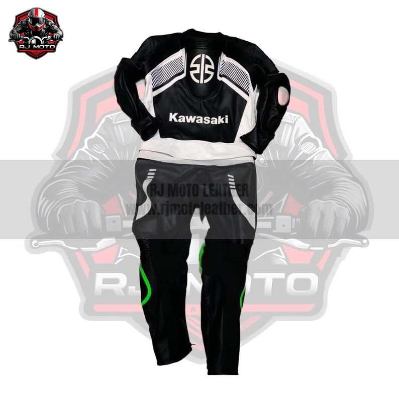 May include: Black and white Kawasaki motorcycle racing suit with green accents. The suit features the Kawasaki logo and a stylized design on the chest and shoulders. The suit is made of leather and includes protective padding.