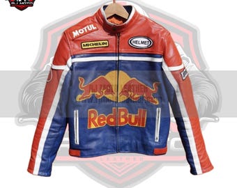 Chaqueta de moto de cuero Redbull Racing hecha a mano, estilo motero vintage