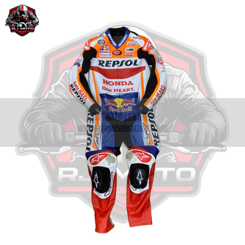 May include: A Repsol Honda racing suit, featuring a white, orange, blue, and black color scheme. The suit displays sponsor logos, including Repsol, Honda. The suit has knee sliders and is designed for motorcycle racing.