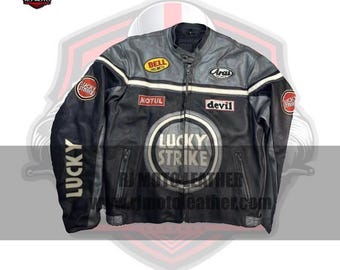 Handmade Inspired Lucky Strike Leather Motorcycle Jacket: Vintage 90s Racing Style - Biker Gifts