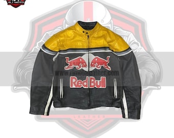 Kurtka Inspired Redbull – ręcznie robione skórzane kurtki motocyklowe – czarno-żółte, z wyposażeniem motocyklisty – prezenty dla motocyklistów