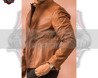 Brun herrjacka i oxskinn med cafe racer-motiv | Slim fit biker - Bikerpresenter