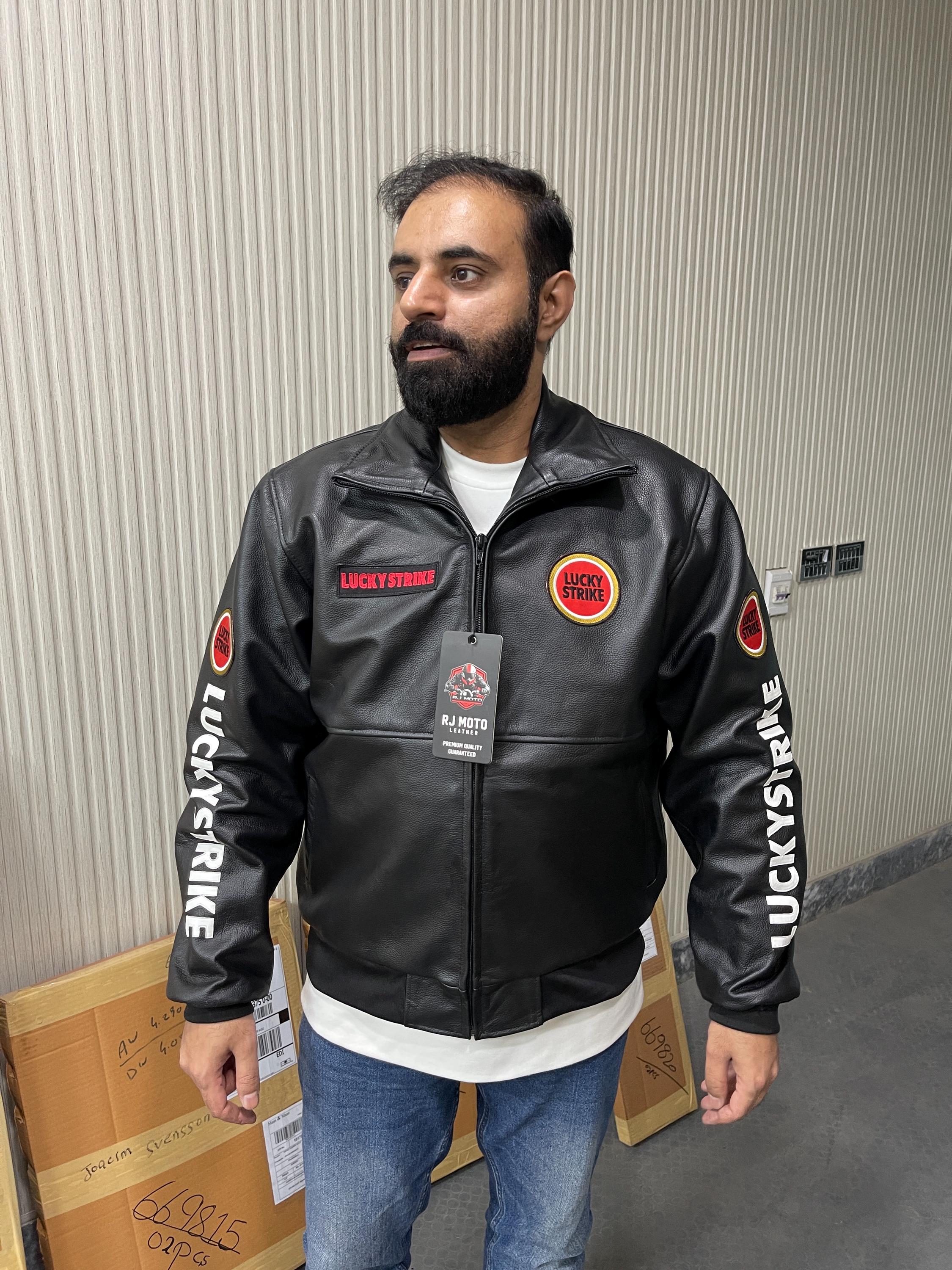 【希少】LUCKY STRIKE レザージャケット L 本革 黒 バイカー 90 ヴィンテージ風ラッキーストライクジャケット - ハンドメイド モーター