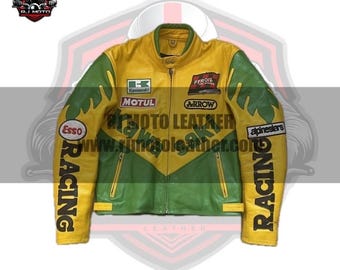 Handmade Kawasaki Inspired Leather Racing Jacket | 90's Style