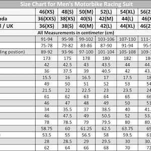 May include: Size chart for men's motorbike racing suits, with measurements in centimeters. Includes chest, waist, hip, full length, back rise, front yoke, shoulder, collar, cuff, sleeve, knee, elbow, back yoke, inseam, front rise, thigh, ankle, and crotch.