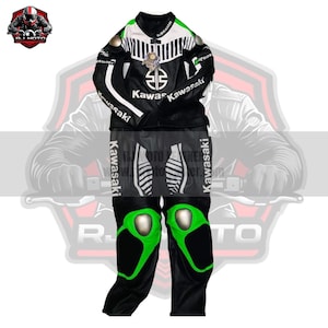 May include: Black and white Kawasaki motorcycle racing suit with green accents on the knees. The suit features the Kawasaki logo and other branding. The jacket has white stripes and the word "Kawasaki" printed on the sleeves and legs.