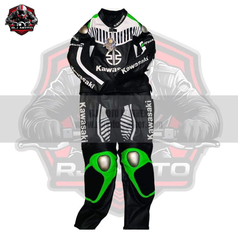 May include: Black and white Kawasaki motorcycle racing suit with green accents on the knees. The suit features the Kawasaki logo and other branding. The jacket has white stripes and the word "Kawasaki" printed on the sleeves and legs.