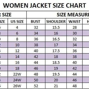 May include: A women's jacket size chart with measurements in inches. The chart includes sizes from S to XXXL, with corresponding UK, EU, and US sizes, along with bust, shoulder, waist, hips, sleeve, and length measurements.
