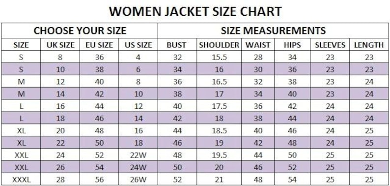 May include: A women's jacket size chart with measurements in inches. The chart includes sizes from S to XXXL, with corresponding UK, EU, and US sizes, along with bust, shoulder, waist, hips, sleeve, and length measurements.