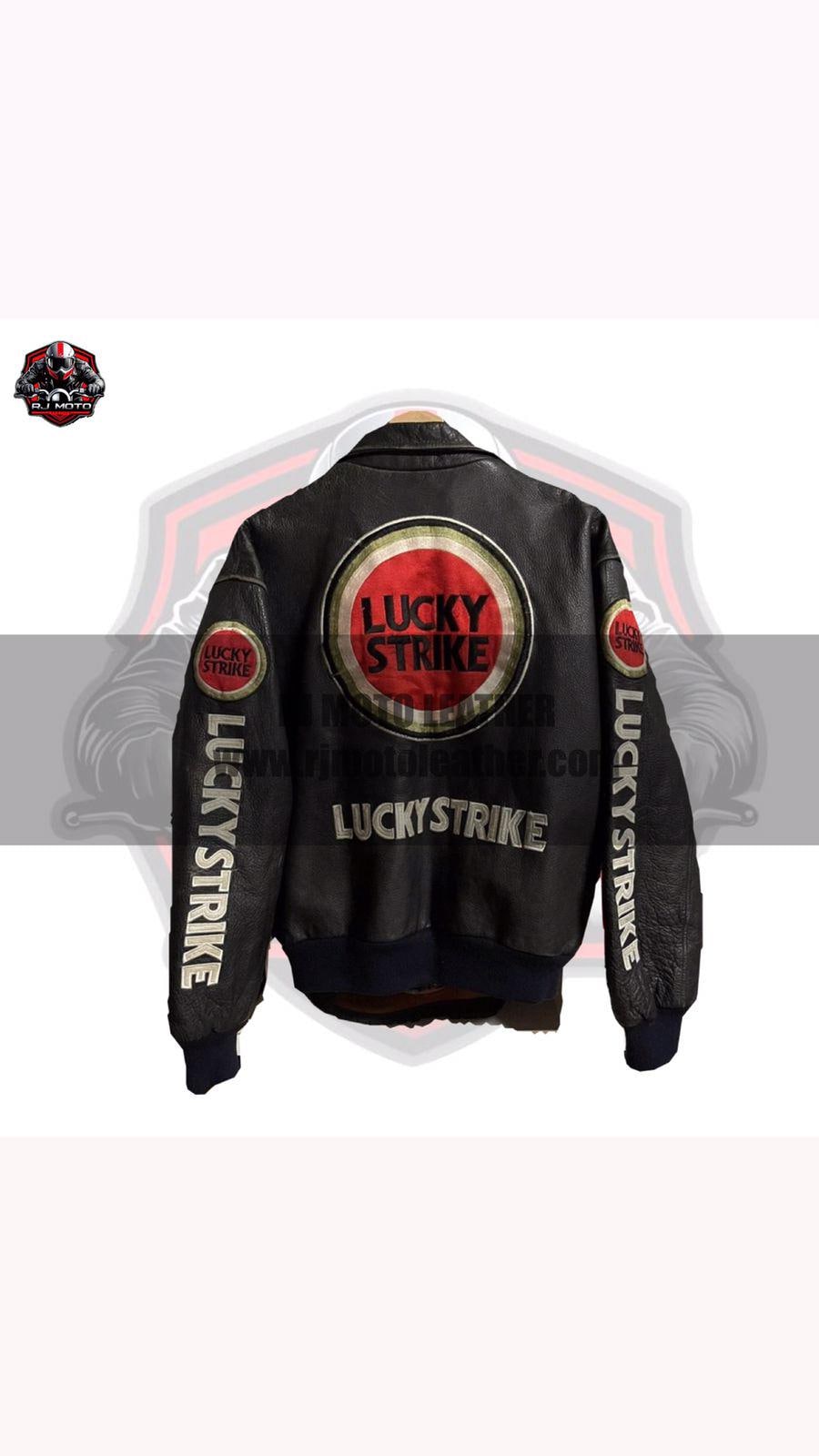 LUCKY STRIKE 90's ヴィンテージ レザージャケット 刺繍ロゴ 刺繍入りヴィンテージレザーバイクジャケット ハンドメイド 90年代