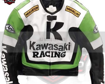 Handmade Inspired Kawasaki Inspired Leather Motorcycle Jacket | Tailored Fit - Biker Gifts