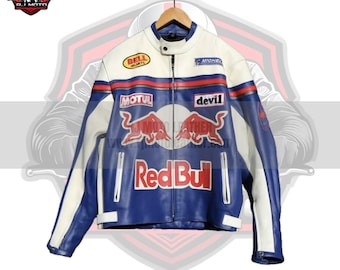 Chaqueta de cuero estilo motociclista inspirada en Red Bull F1: regalos de motociclistas de estilo vintage