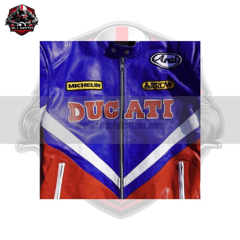 May include: A blue, red, and white leather motorcycle jacket with the word "DUCATI" in large letters across the chest. The jacket has a zipper closure and patches for "MICHELIN" and "ARROW". The brand "Arai" is also visible.