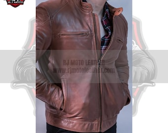 Giacca da motociclista in pelle di vacchetta da uomo in stile Café Racer - Giacca da motociclista slim fit fatta a mano - Regali per motociclisti