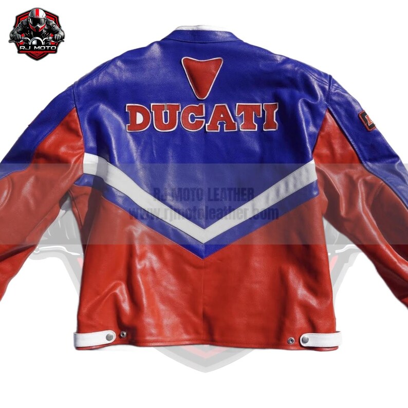 May include: A red, white, and blue leather motorcycle jacket with the word "DUCATI" across the back. The jacket has a white stripe design and a red triangle logo. The sleeves are red, and the shoulders are blue.