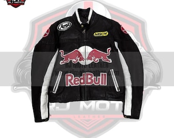 Chaqueta de carreras de piel de vaca hecha a mano: inspirada en Red Bull, personalizable