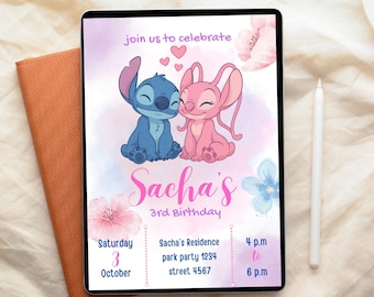 Stitch and Angel Birthday Invitation: Editable Canva Template (Digital Download)