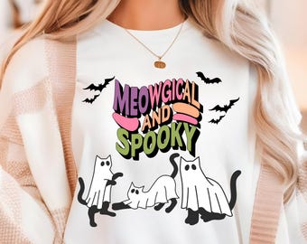 Spooky Black Cat Ghost PNG Halloween Sublimation Design Digital Download