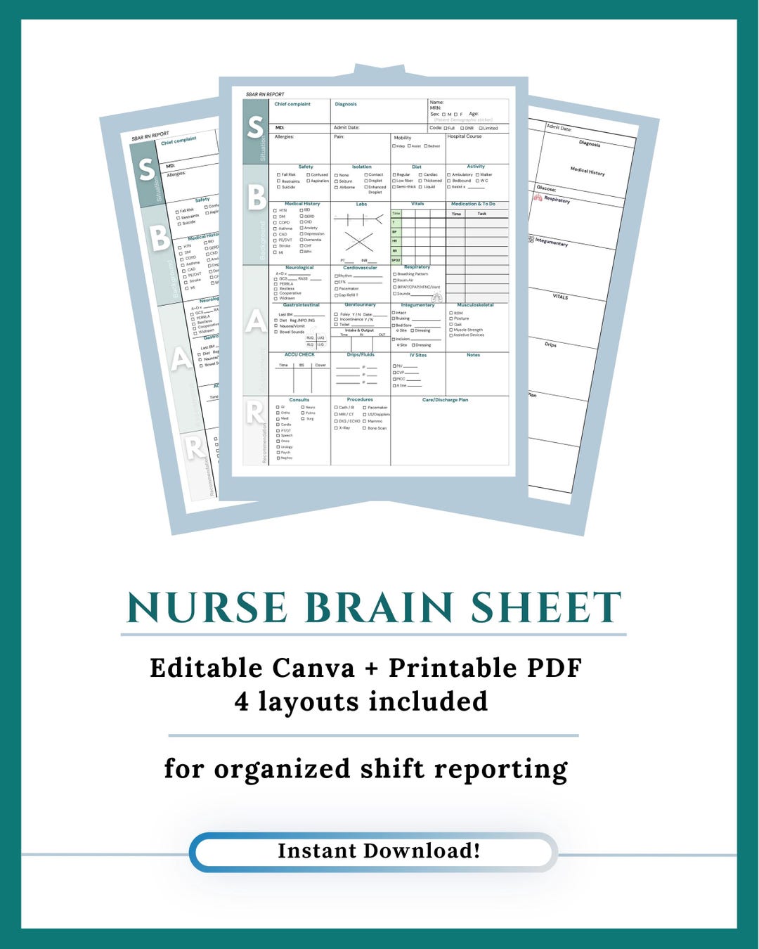 Nurse Brain Sheet Template, Editable Canva PDF, 4 Layouts, Shift Report ...