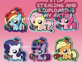May include: Six cartoon pony stickers featuring characters with colorful manes, each wearing a propeller hat and holding a lollipop. The text STOP STEALING AND REUPLOADING MY ART!!! is displayed in a dark pink speech bubble above the characters.