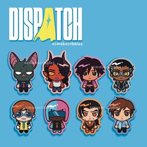 Puede incluir: Un conjunto de ocho pegatinas de personajes de dibujos animados sobre un fondo azul. Las pegatinas presentan varios personajes, como un murciélago y un demonio, cada uno con diseños distintos. La palabra "DISPATCH" está en la parte superior, con "scarabscribbles" debajo.