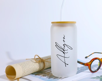 Personalized Iced Coffee Cup, 20oz Glass Cup, Custom Can Glass with Lid and Straw, Bridesmaid Gift, Bridesmaid Proposal
