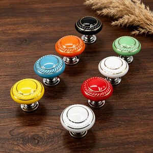 Vintage French Ceramic Door Knobs - Colorful Round Drawer Pulls with Gold Trim, Retro Furniture Hardware for Kitchen Cabinets & Dresser