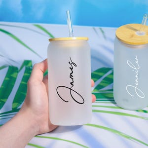 Personalized Iced Coffee Cup, 20oz Glass Cup, Custom Can Glass with Lid and Straw, Bridesmaid Gift, Bridesmaid Proposal