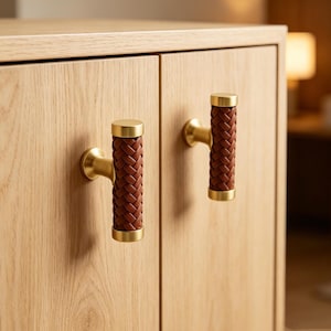 May include: Close-up of two cabinet pulls. Each pull features a woven brown leather handle with gold-colored metal accents. The pulls are mounted on a light-colored wooden cabinet. The design is modern and elegant.
