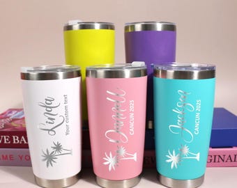 Personalized 20oz Vacation Tumbler, Custom Travel Mug, Girls trip gifts, Beach Tumbler, Stainless Steel Name Mug, Laser Engraved Tumbler