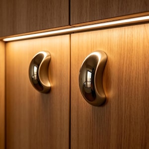 May include: Two polished gold cabinet handles with a curved design, mounted on light-toned wooden doors. The handles reflect the surrounding environment. A warm light strip is positioned above the doors, creating a modern and stylish look.