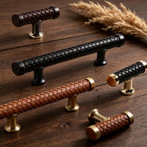 May include: A selection of cabinet handles featuring woven leather grips in black, brown, and tan. The metal bases are gold and black. The handles are displayed on a dark wooden surface, showcasing different sizes and styles.