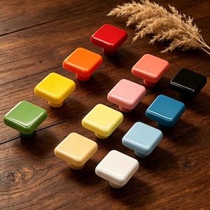 Colorful Square Ceramic Cabinet Knobs, Glossy Drawer Pulls, Single Hole Dresser Knob, Cute Cabinet Handles, Modern Home Decor