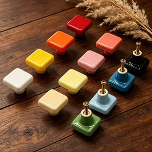 Colorful Square Ceramic Cabinet Knobs, Glossy Drawer Pulls, Single Hole Dresser Knob, Cute Cabinet Handles, Modern Home Decor