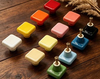 Colorful Square Ceramic Cabinet Knobs, Glossy Drawer Pulls, Single Hole Dresser Knob, Cute Cabinet Handles, Modern Home Decor