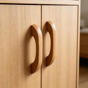 May include: Close-up of a wooden cabinet with two doors. Each door has a curved, light-colored wooden handle. The cabinet doors and handles have a natural wood grain finish. The cabinet is likely for storage.
