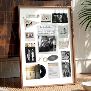 Op de afbeelding: Een ingelijste collage met een krantenknipsel getiteld The Best Dad Post, een #1 Dad wimpel, een zwart-wit filmstrip, een vinylplaat, luciferdoosjes met auto- en vaderafbeeldingen, een camera, een sleutelhanger en diverse zwart-wit foto's.