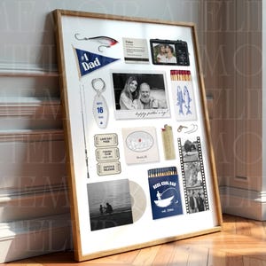 May include: A framed collage print featuring a fishing theme with a blue #1 Dad pennant, a fishing lure, a keychain, vintage-style tickets, a map, a lighter, matchboxes with fish illustrations, film strips, and black and white photographs.