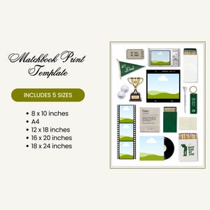 Może przedstawiać: Szablon wydruku Matchbook z grafikami o tematyce golfowej, w tym trofeum, piłeczkami, zielonym proporczykiem z napisem #1 Dad, paskami filmu, pudełkami zapałek z tekstem i aparatem. Zawiera 5 rozmiar&oacute;w: 8x10, A4, 12x18, 16x20 i 18x24 cale.
