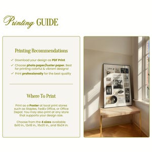 May include: A printing guide with the text Printing GUIDE, Printing Recommendations, and Where To Print. It lists instructions for PDF printing, paper types, and professional services. It includes four sizes: 8x10 in., 12x18 in., 16x20 in., and 18x24 in.