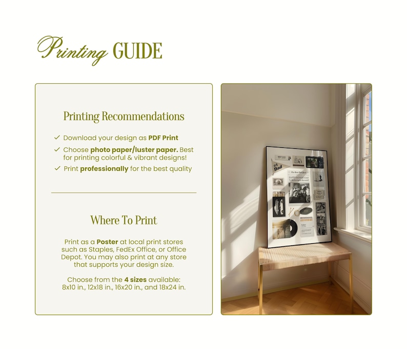 May include: A printing guide with the text Printing GUIDE, Printing Recommendations, and Where To Print. It lists instructions for PDF printing, paper types, and professional services. It includes four sizes: 8x10 in., 12x18 in., 16x20 in., and 18x24 in.