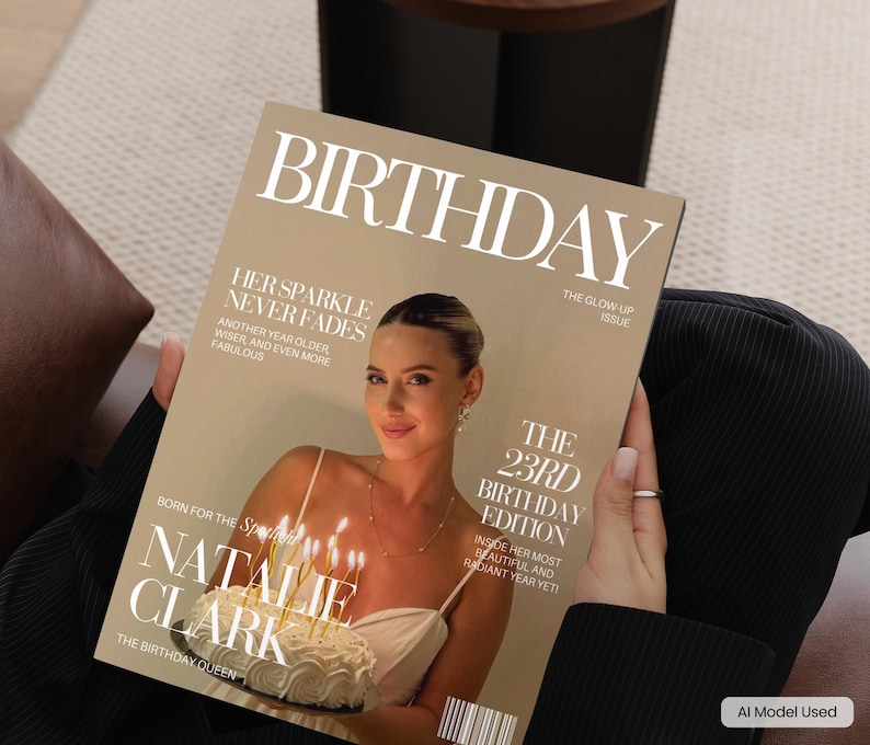 May include: A magazine cover titled BIRTHDAY featuring a photograph of a person with a birthday cake with lit candles. Text includes HER SPARKLE NEVER FADES, THE GLOW UP ISSUE, THE 23RD BIRTHDAY EDITION, BORN FOR THE SPOTLIGHT, and NATALIE CLARK.