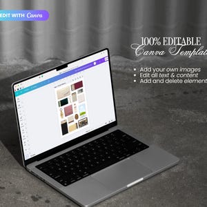 May include: A laptop computer screen displaying a Canva template with a collage of images of various accessories, including a wallet, a key chain, a phone case, and a notebook. The text "100% Editable Canva Template" is displayed at the top of the screen, along with a list of features: "Add your own images", "Edit all text & content", and "Add and delete elements".