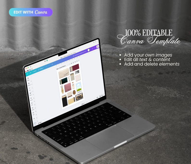 May include: A laptop computer screen displaying a Canva template with a collage of images of various accessories, including a wallet, a key chain, a phone case, and a notebook. The text "100% Editable Canva Template" is displayed at the top of the screen, along with a list of features: "Add your own images", "Edit all text & content", and "Add and delete elements".